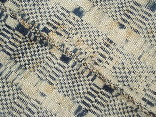 antique homespun coverlet fabric, hand woven indigo blue cloth table runner