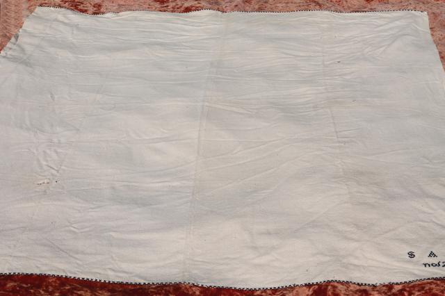 antique homespun wool blanket, 1800s vintage Shaker hand woven coverlet w/ blue embroidery 
