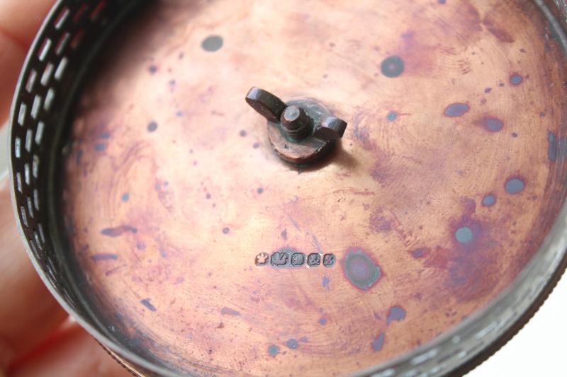 antique iridescent luster glass marmalade jar, silver over copper Deykin England hallmarks