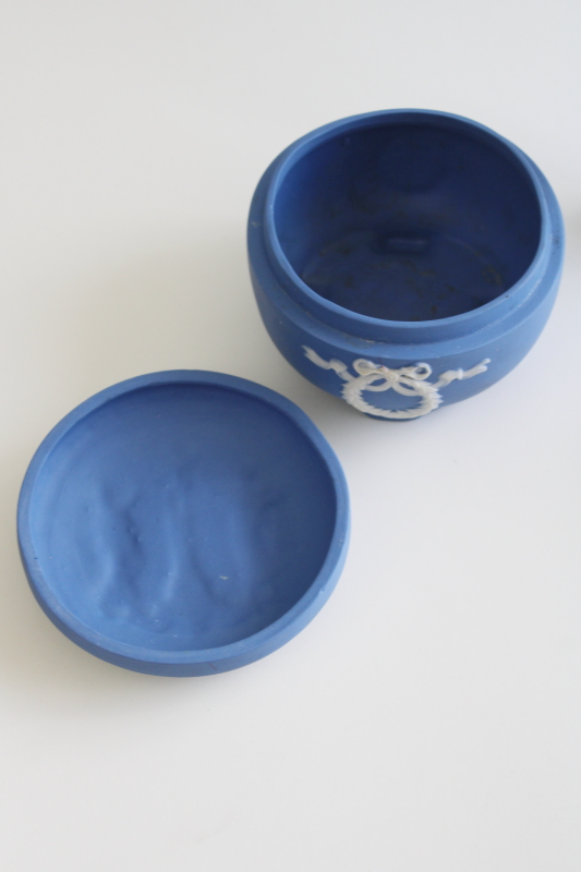 antique jasperware china vanity set w/ powder, trinket box Schafer  Vater Wedgwood blue  white