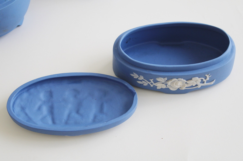 antique jasperware china vanity set w/ powder, trinket box Schafer  Vater Wedgwood blue  white