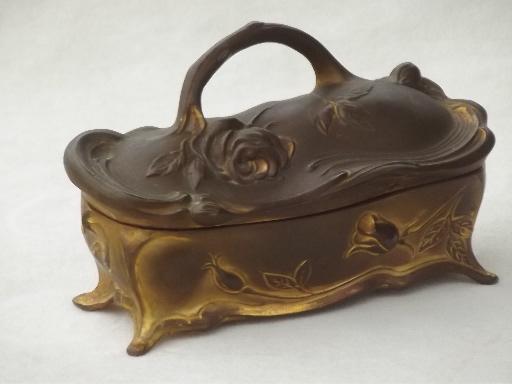 antique jewelry box casket, vintage Jennings Bros art nouveau gilt metal 