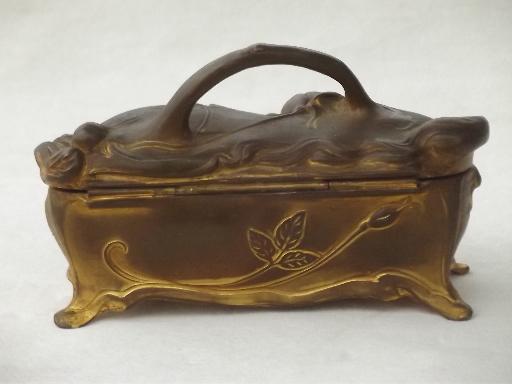 antique jewelry box casket, vintage Jennings Bros art nouveau gilt metal 