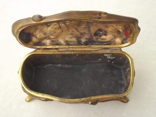 antique jewelry box casket, vintage Jennings Bros art nouveau gilt metal