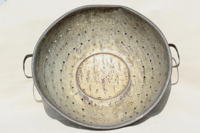 antique kitchen primitive colanders, vintage tin metal strainer bowls