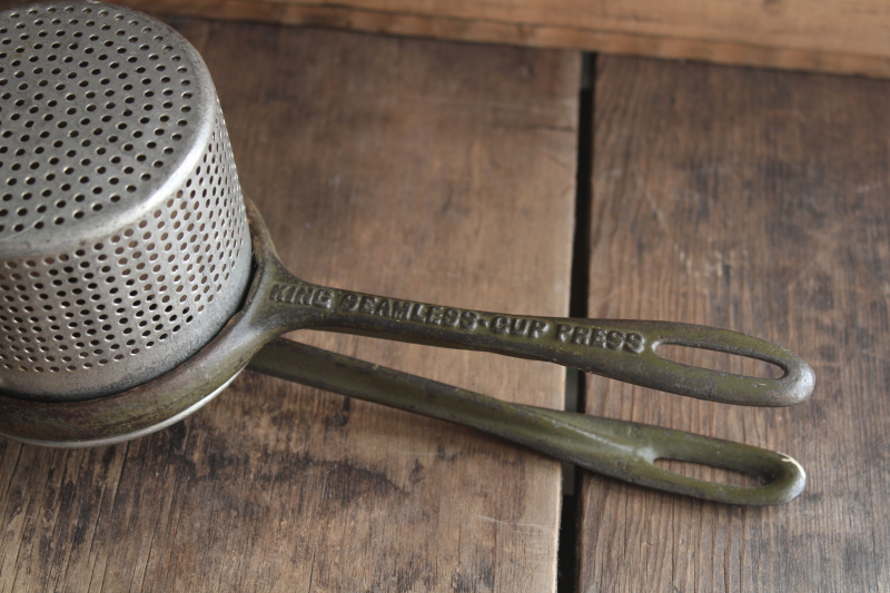 antique kitchen tool, potato ricer King Cincinnati galvanized sieve w/ embossed cast iron handle