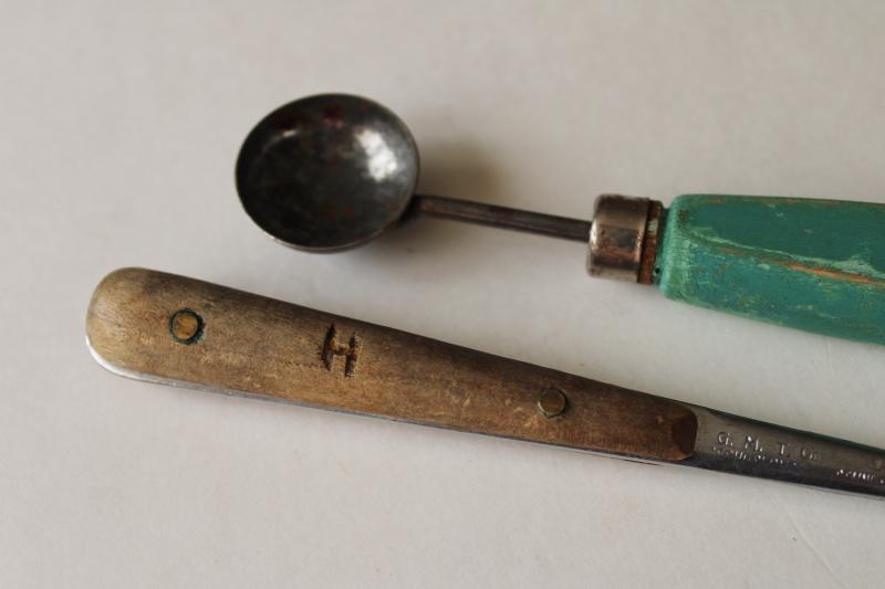 antique kitchen utensils, teal painted wood handle tiny scoops fruit corer or melon ball