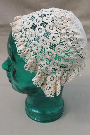 antique lace cap, Victorian vintage lady's cap of handmade needle lace or crochet