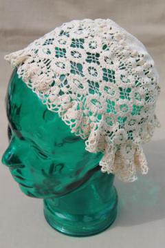 antique lace cap, Victorian vintage lady's cap of handmade needle lace or crochet