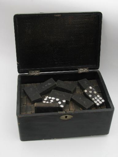 antique lacquerware wood box and dominoes, old game pieces parts domino tiles