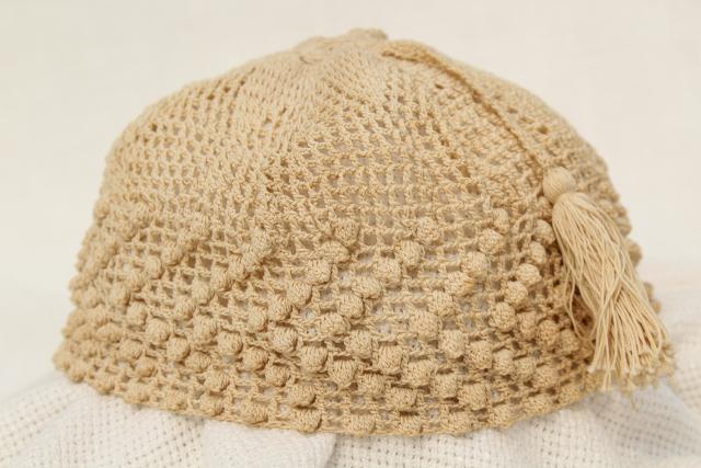 antique ladies night cap or hair net cover, early 1900s vintage fez tasseled hat crochet cotton lace 