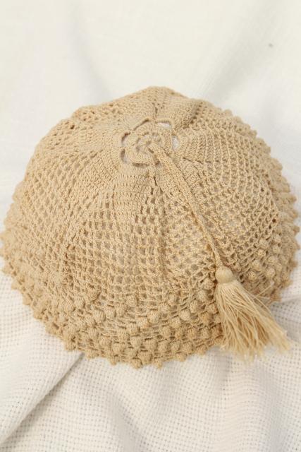 antique ladies night cap or hair net cover, early 1900s vintage fez tasseled hat crochet cotton lace 