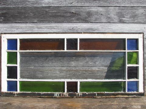 antique leaded stained glass window, original vintage wood frame