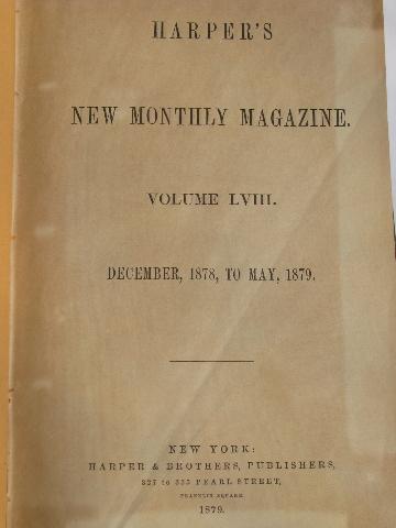 antique leather & cloth bound book, Harper's monthly magazine 1878-9