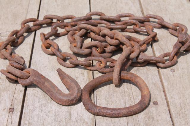 antique logging chain w/ large hand forged iron ring farm tool for towing, skiding & stump pulling