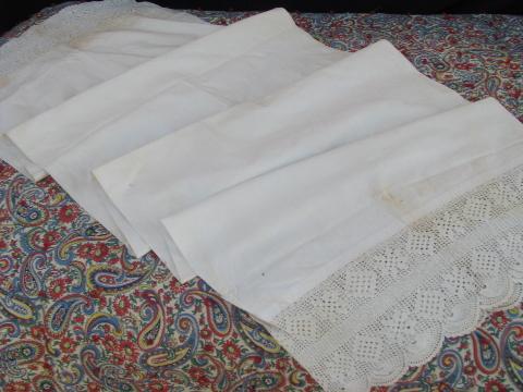 antique long cotton pillow case, bolster cover w/ wide crochet lace
