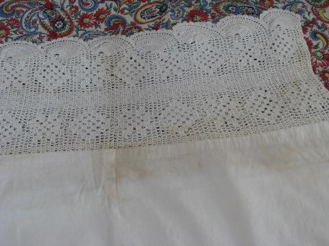 antique long cotton pillow case, bolster cover w/ wide crochet lace