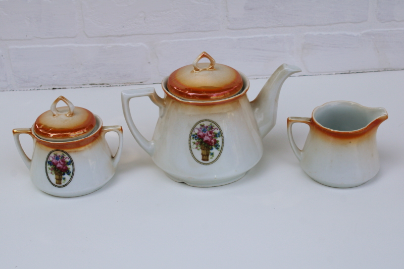 antique lusterware china tea set, tea pot w/ creamer sugar bowl 1920s vintage German luster porcelain