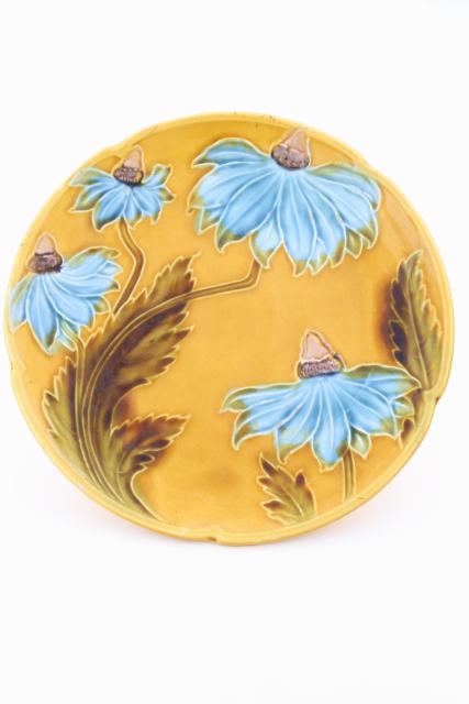 antique majolica pottery plate, blue coneflower daisy on mustard yellow gold