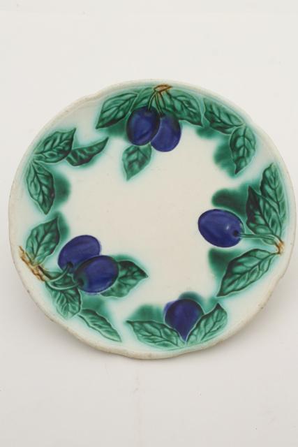 antique majolica pottery plate w/ blue plums, turn of the century vintage Germany mark