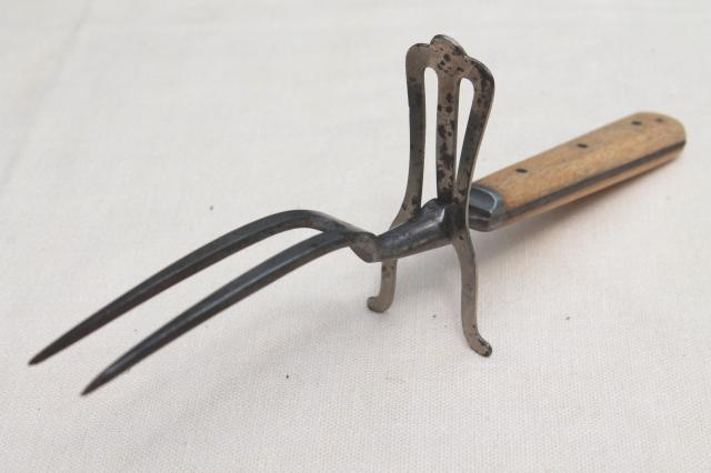 antique meat fork w/ old bone handle, 1800s vintage game or roast carving fork