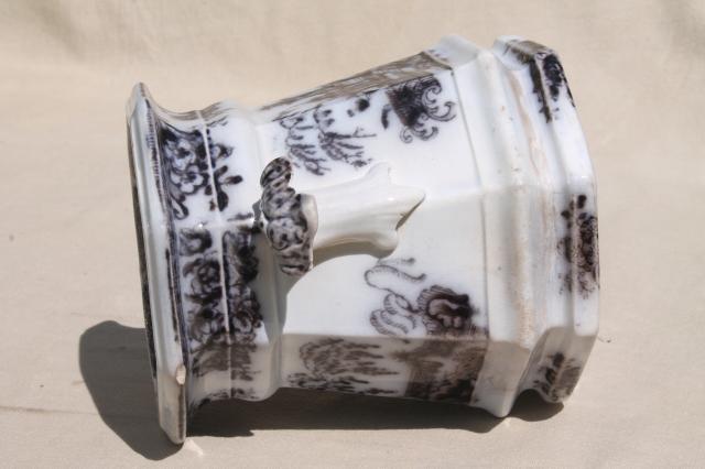 antique mid-1800s English transferware flow mulberry black china jar, Pelew Chinese scene chinioserie