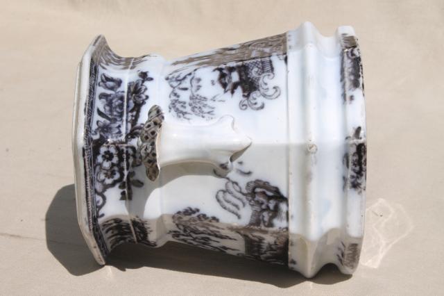 antique mid-1800s English transferware flow mulberry black china jar, Pelew Chinese scene chinioserie