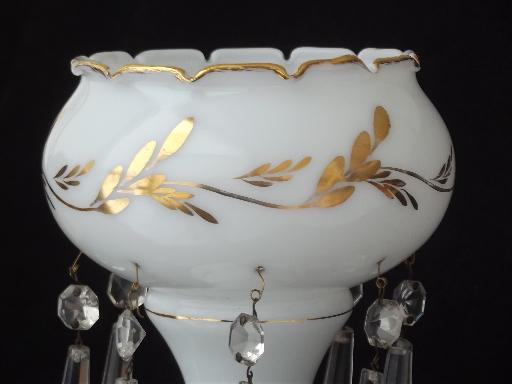 antique milk glass mantel lamp w/ glass prisms, deco vintage lamp base  