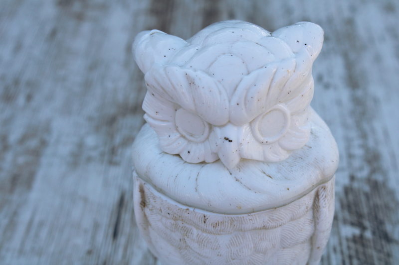 antique milk glass owl, figural covered dish EAPG Atterbury glass 1890s vintage