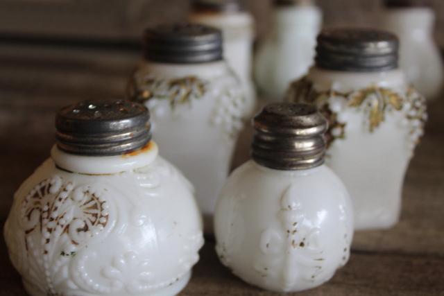 antique milk glass shakers, turn of the century vintage pressed pattern glass