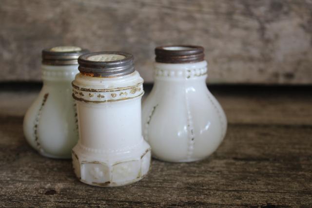 antique milk glass shakers, turn of the century vintage pressed pattern glass