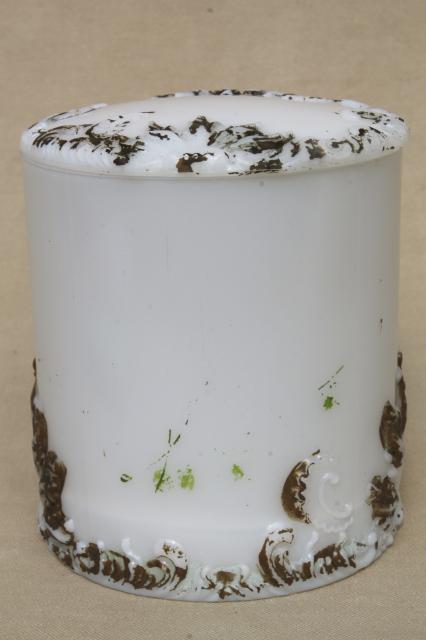 antique milk glass vanity table dresser band box, unusual tall powder jar w/ ornate gold