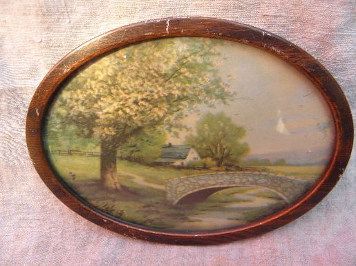 antique miniature cottage landscape print, old grain painted tin frame