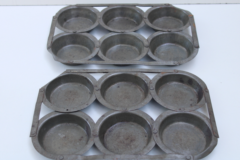 antique muffin or mini pie pans, vintage kitchenware tin baking cups w/ primitive joined construction