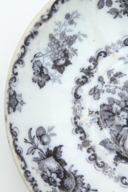 antique mulberry black transferware china, large deep saucer plate w/ fruit basket