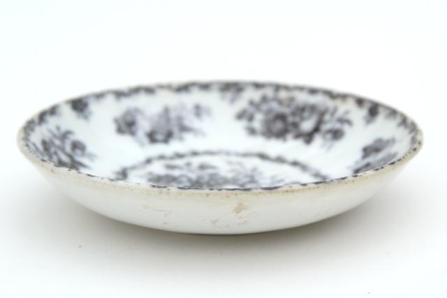 antique mulberry black transferware china, large deep saucer plate w/ fruit basket