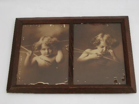 antique oak Arts & Crafts vintage double picture frame, cupid photo prints