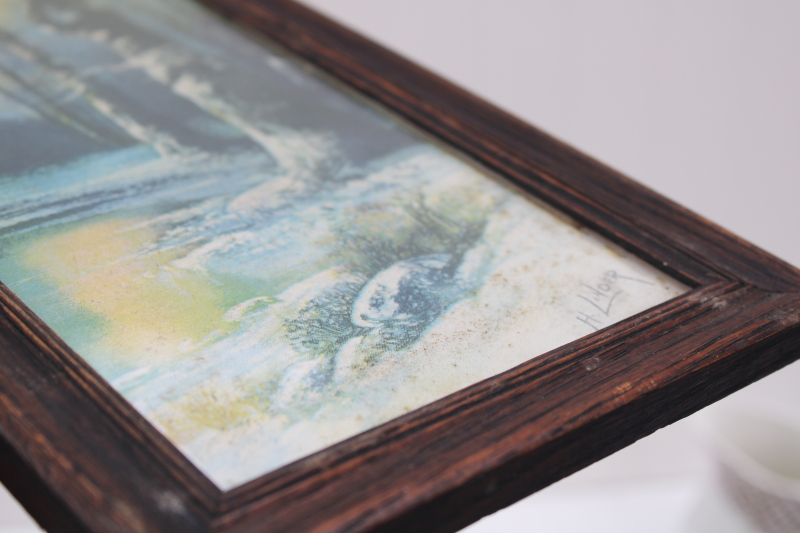 antique oak framed art small print or pastel drawing spooky moody bare trees fall winter landscape scene