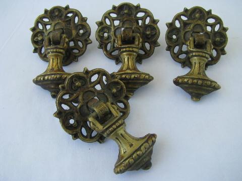 antique ornate teardrop tassel drawer pulls, early 1900s vintage hardware lot