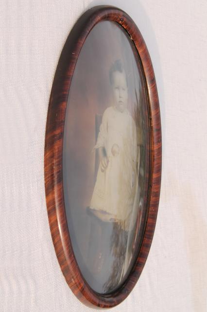 antique oval domed convex glass picture frame w/ vintage photo portrait baby long white dress