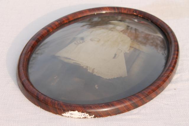 antique oval domed convex glass picture frame w/ vintage photo 