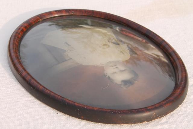 antique oval domed convex glass picture frame w/ vintage photo portrait baby long white dress