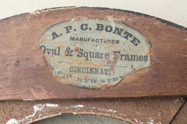 antique oval wood picture frames, portrait frame pair w/ 1860s vintage paper label