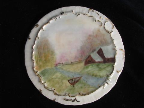antique painted china tea table trivets, kettle rests w/ landscape scenes