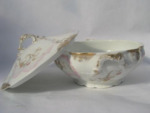 antique painted china tureen or covered dish, Bishop & Stonier - England