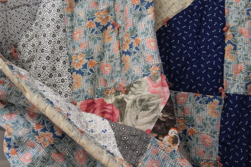 antique patchwork tied quilt, early 1900s vintage cotton fabrics comforter bedspread