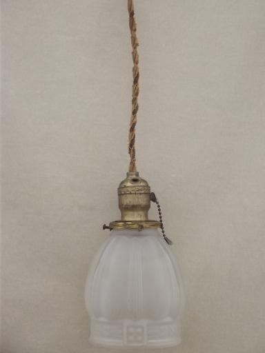 antique pendant light, Hubbell hardware pull chain lamp w/ glass shade