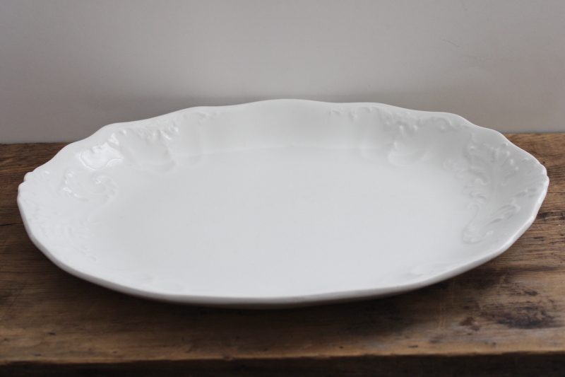 antique platter w/ heavy embossed acanthus leaf Tracery, Johnson Bros Royal Ironstone China