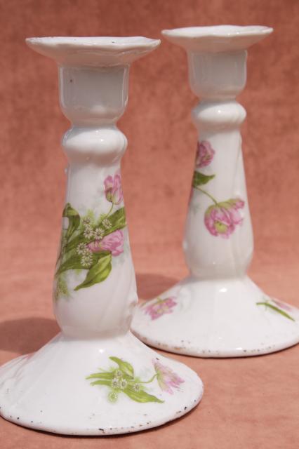 antique porcelain candlesticks w/ tulips, unmarked old china candle holders