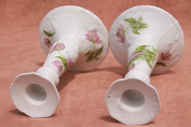 antique porcelain candlesticks w/ tulips, unmarked old china candle holders
